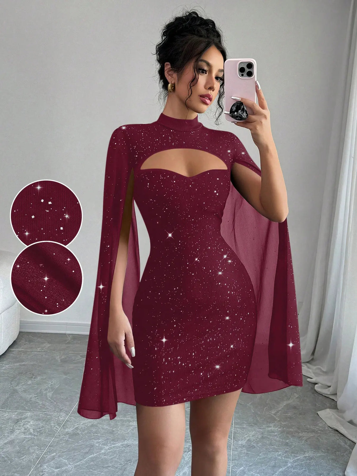 The Celestia Sequin Cape Mini Dress