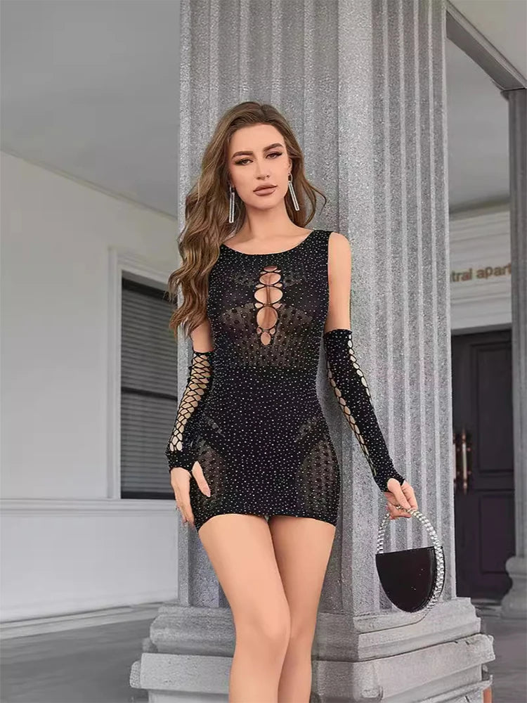 The Noor Rhinestone Mesh Dress & Gloves Set