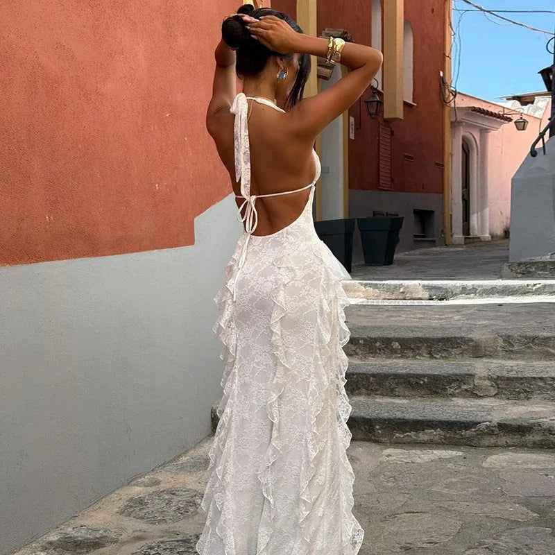 The Elowen Plunge Lace Ruffle Maxi Dress