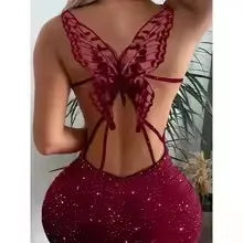 The Vesper Glitter Butterfly Open-Back Mini Dress