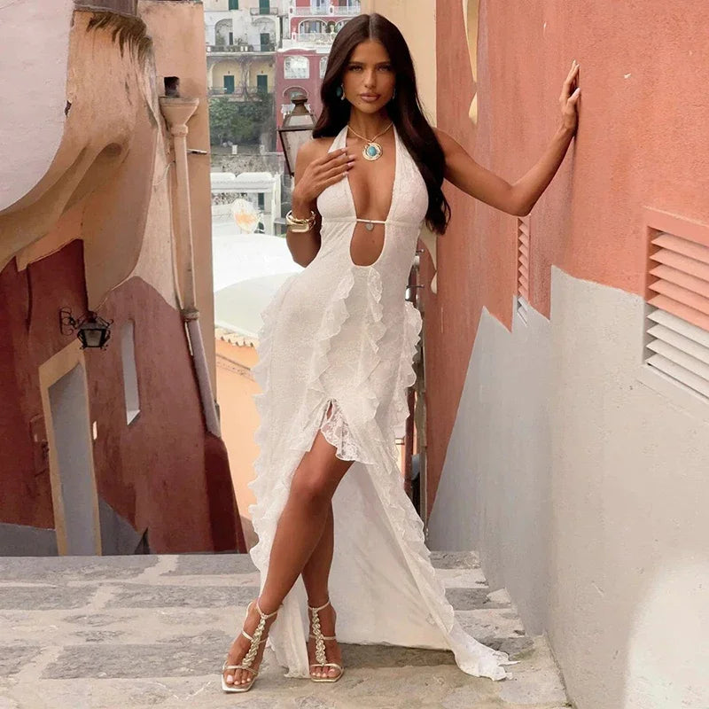 The Elowen Plunge Lace Ruffle Maxi Dress