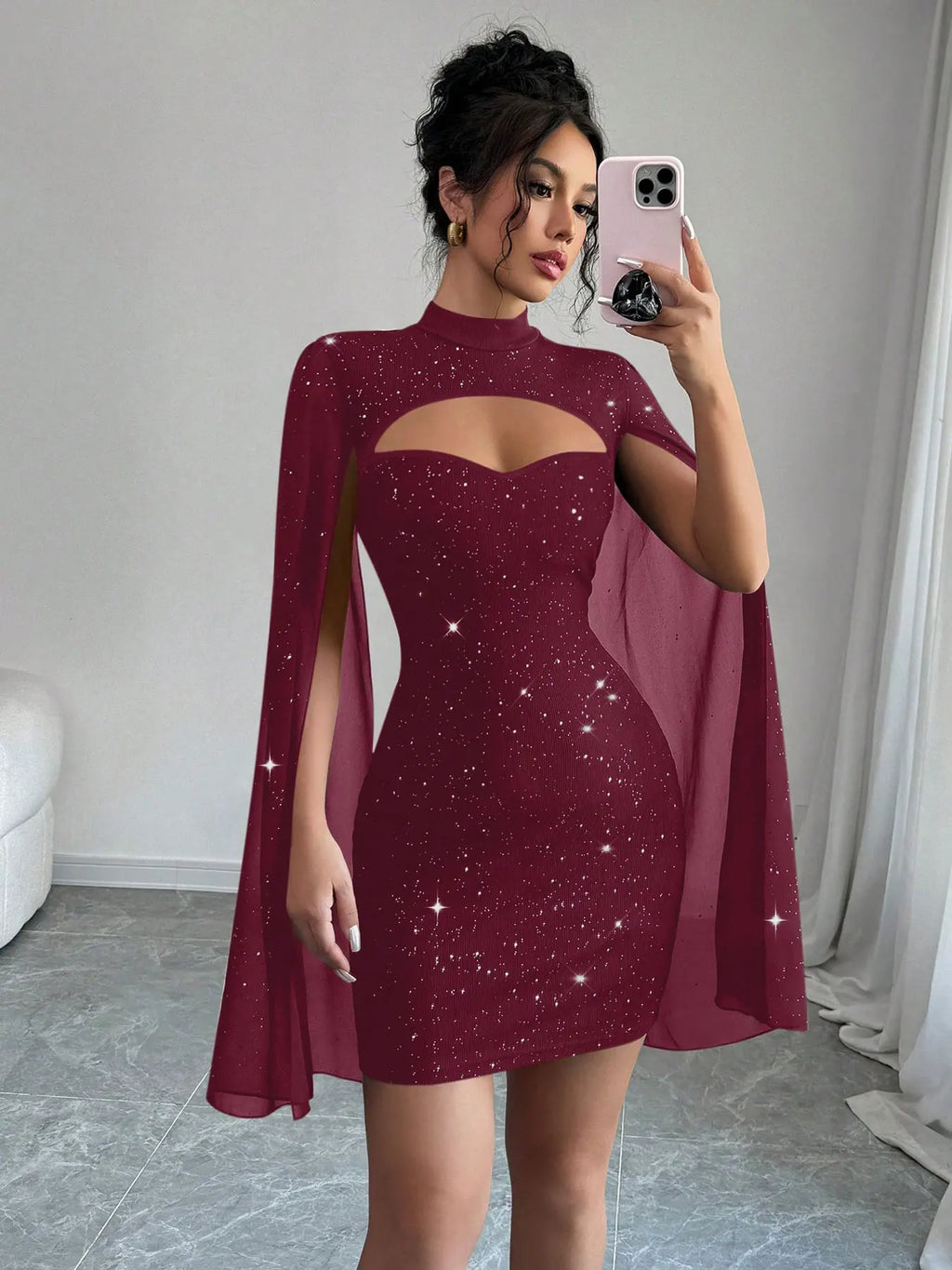 The Celestia Sequin Cape Mini Dress