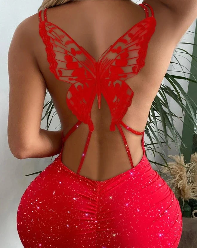 The Vesper Glitter Butterfly Open-Back Mini Dress