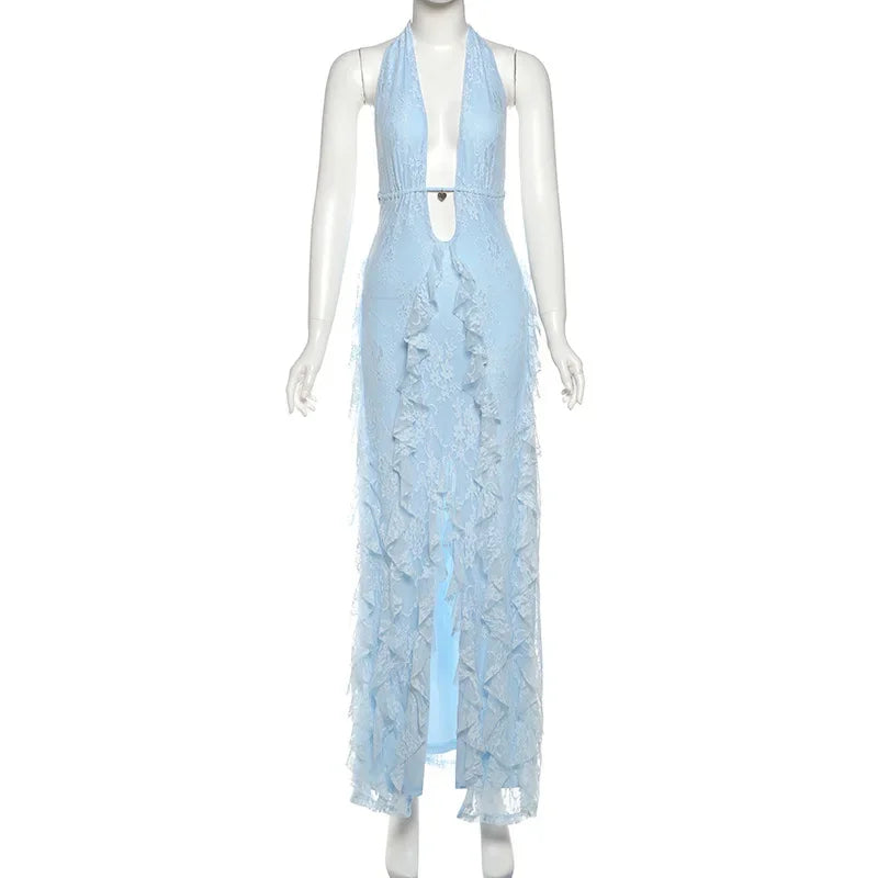The Elowen Plunge Lace Ruffle Maxi Dress